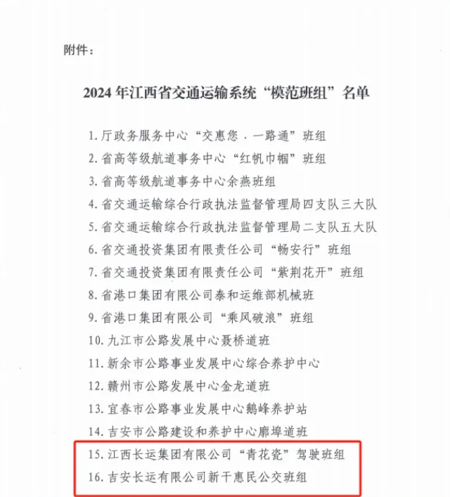 江西长运两个班组获2024年全省交通运输系统“模范班组”称号